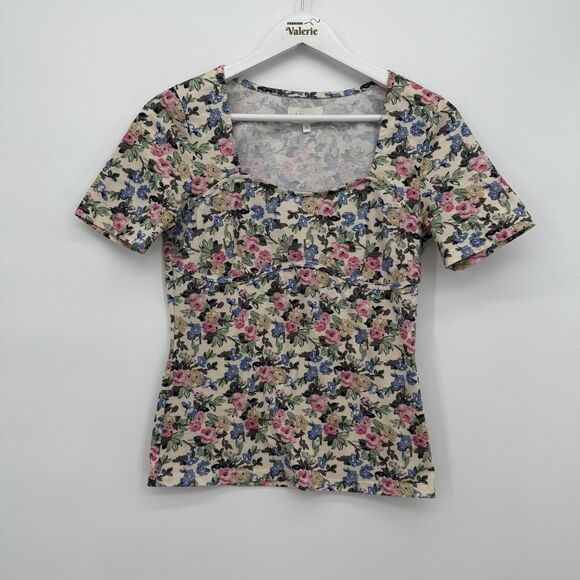 Bohme Multicolor Floral Fitted Short Sleeve Top Size Medium Boho - Picture 1 of 6